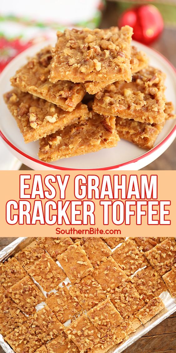 an easy graham cracker toffe recipe on a white plate with text overlay