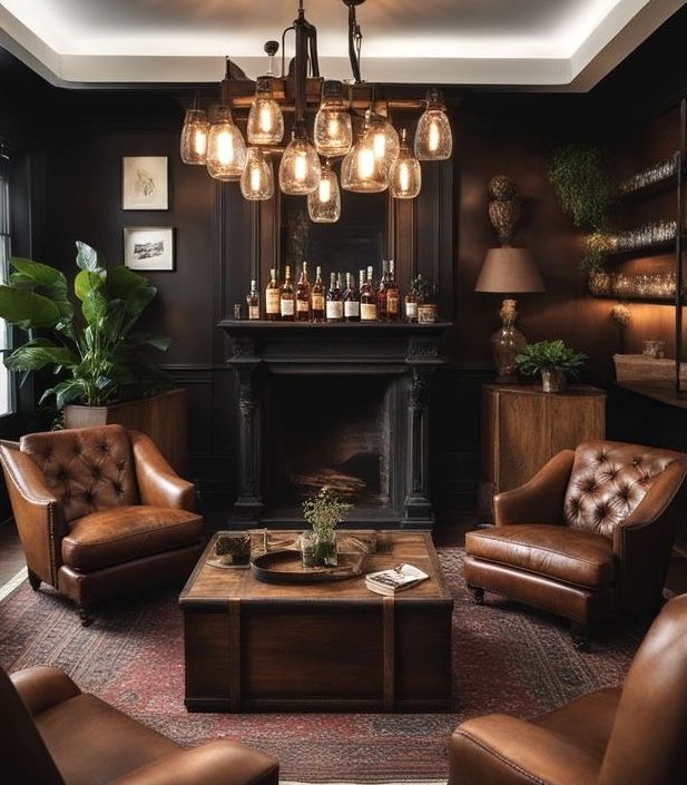 a living room filled with furniture and a fire place in the middle of the room