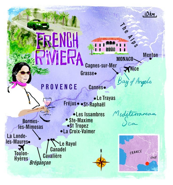 an illustrated map of the french riviera