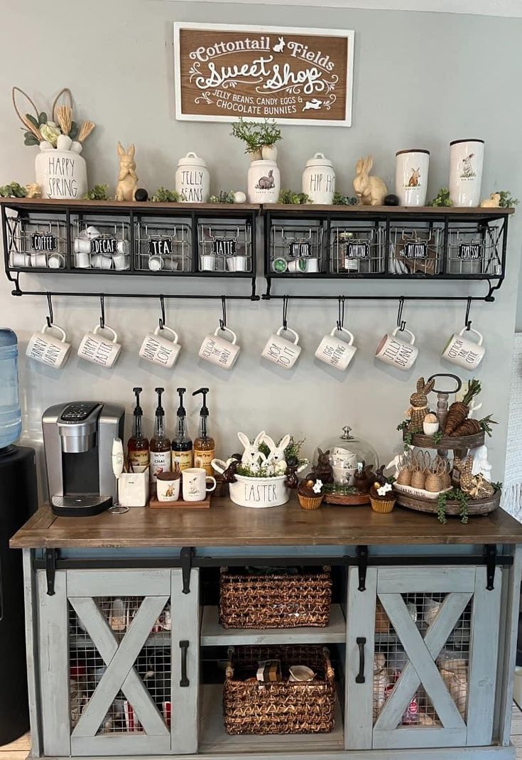 a coffee bar with baskets and cups on it's shelves, along with other items