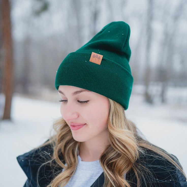 Three Tree Foldover Beanie - Emerald - The Montana Scene Cotton Beanie For Cold Weather In Fall, Casual Green Beanie For Fall, Fall Beanie For Everyday Use, Soft Knit Hats For Outdoor Fall Activities, Fall Green Cotton Hat, Cozy Green Hat For Fall, Fall Everyday Beanie, Cozy Green Fall Hats, Cotton Hats For Outdoor Fall Activities