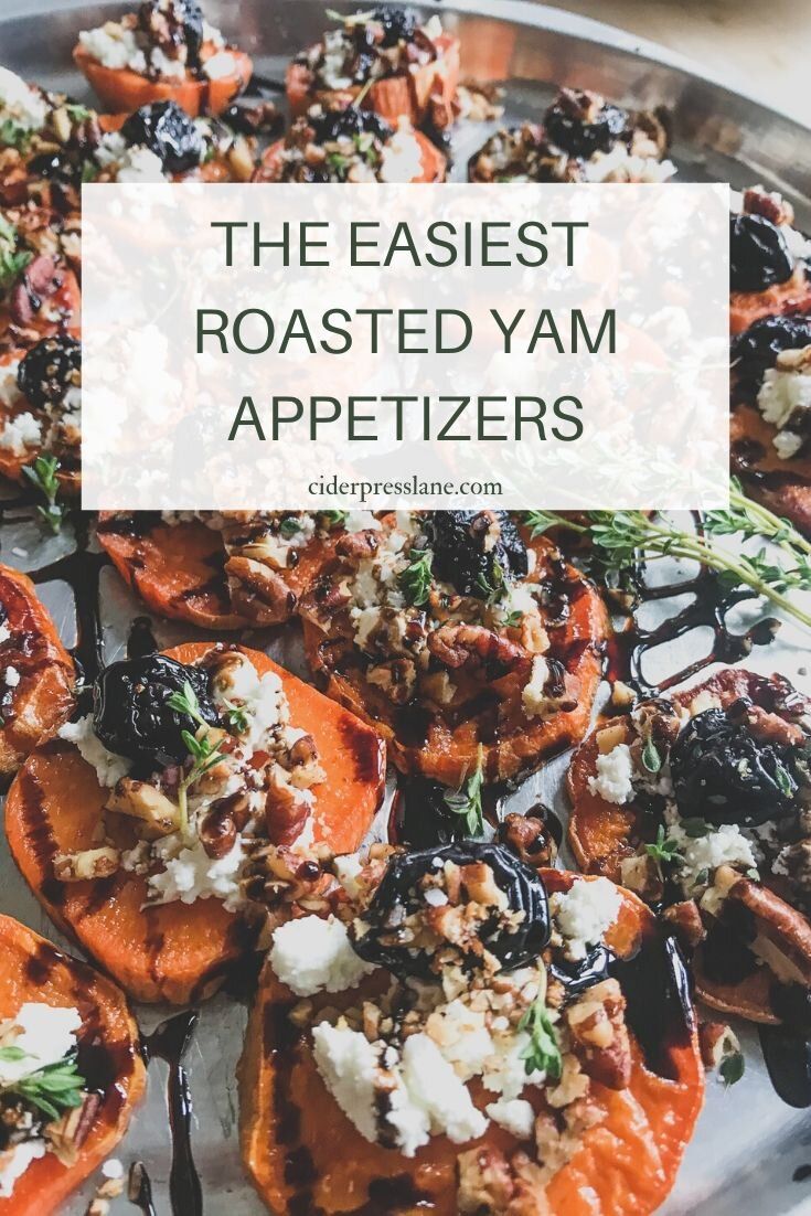 the easy roasted yam appetizers recipe on a platter with text overlay