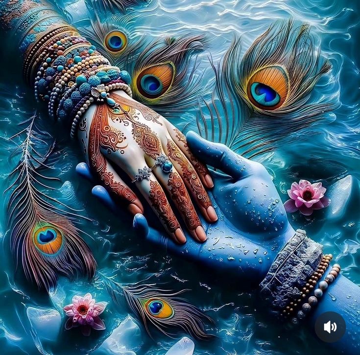 two hands holding each other in the water with peacocks around them and flowers on the ground