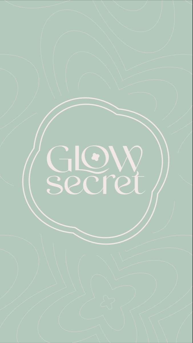 the text glow secret on a light green background with swirls and circles in white