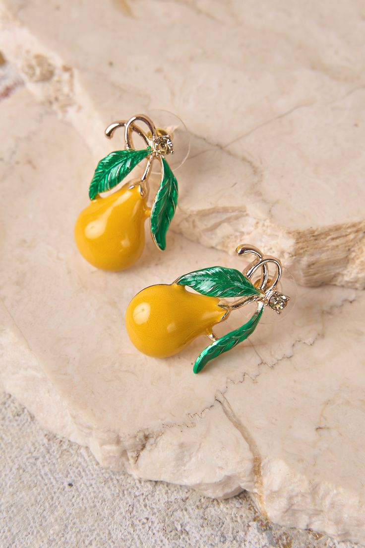 French Pear Earrings - Mustard French Provincial Design, Whimsical Earrings, Pear Earrings, French Provincial, Leaf Design, New Shop, Green Leaves, Citrine, Mustard