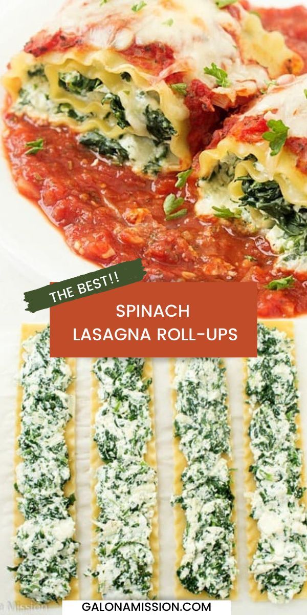 spinach lasagna roll - ups on a white plate with text overlay