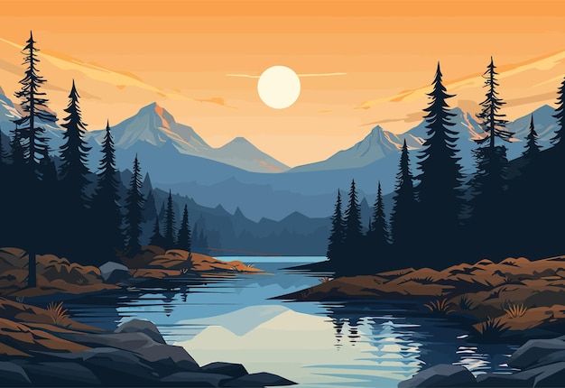 a painting of a mountain lake with pine trees and mountains in the background at sunset