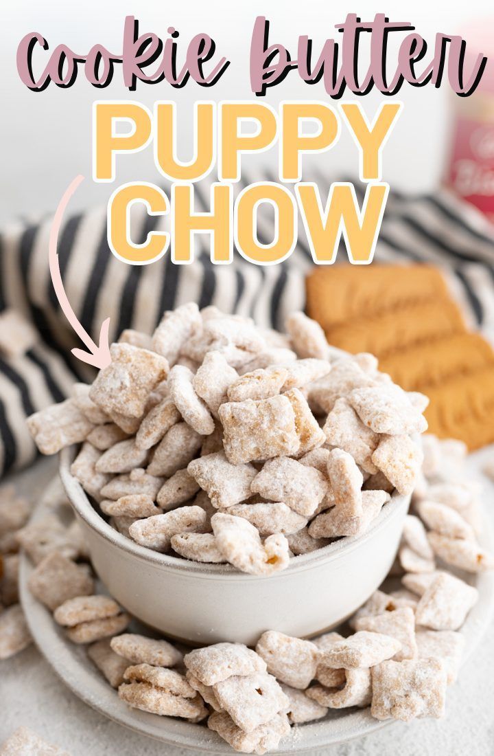 a white bowl filled with puppy chow on top of a table