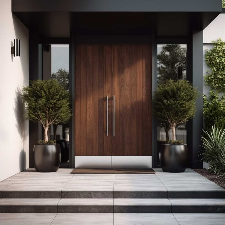 the front entrance to a modern home with two large planters and an entry door