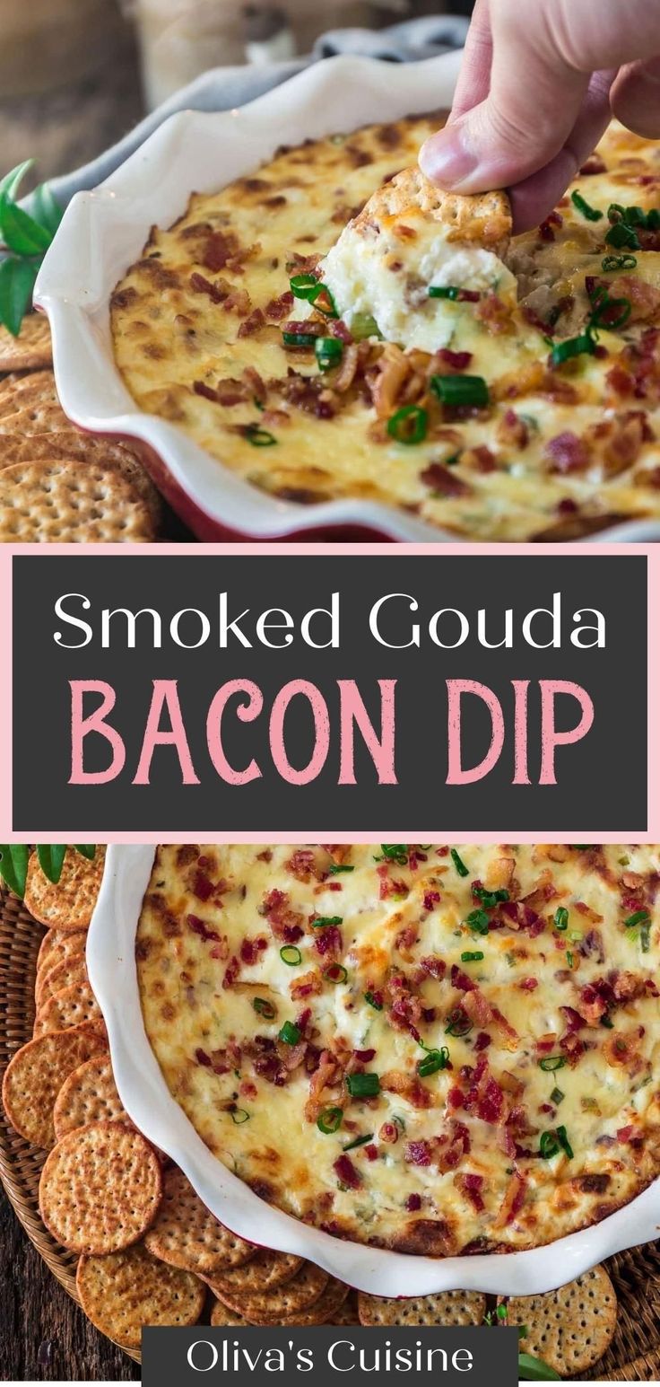 bacon dip in a white dish with crackers on the side and text overlay that reads smoked goula bacon dip