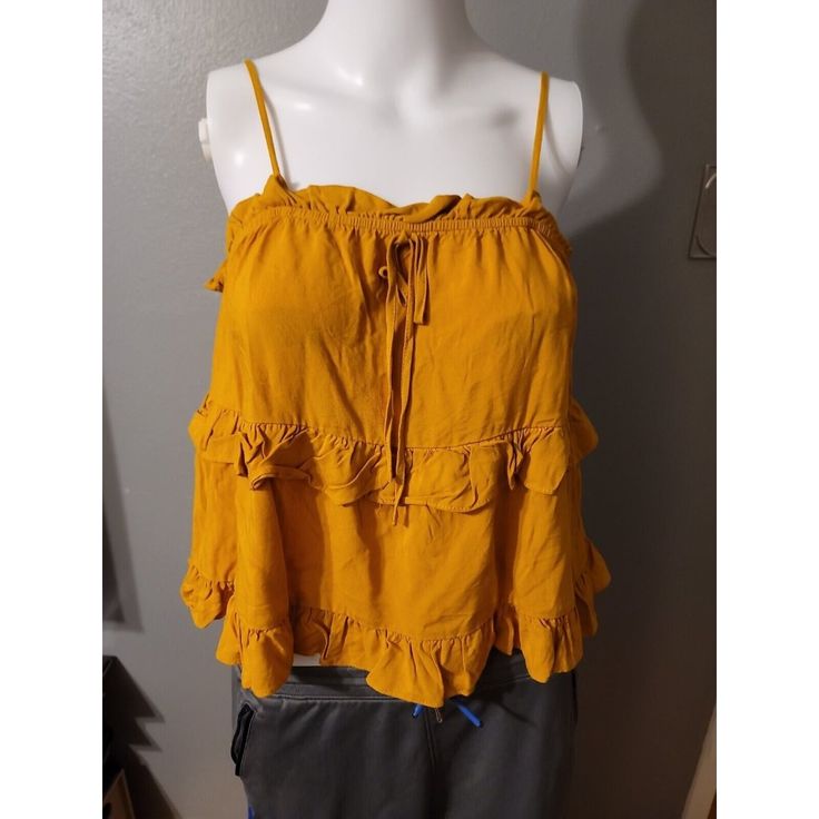 Paper Crane Goldenrod Sleeveless Blouse Size M. Pit To Pit 15 In Length 15 In Summer Tank Top Vest, Casual Cami Vest Blouse, Summer Blouse With Vest For Day Out, Summer Sleeveless Camisole For Day Out, Summer Tops With Tank Straps For Day Out, Sleeveless Tops For Day Out, Spring Sleeveless Crop Top, Casual Ruffled Sleeveless Camisole, Spring Tank Blouse