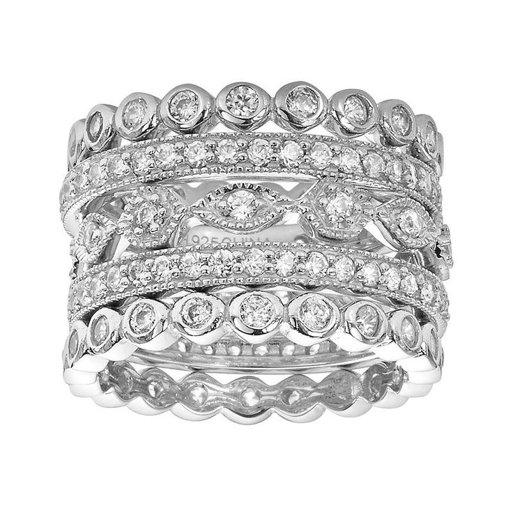 Stack these sparkling Sophie Miller rings on your finger. Click on this JEWELRY & WATCHES GUIDE to learn about fit, styles, materials and more!Set Details: Includes: 5 stack rings Total width: .56-in. Metal: rhodium-plated sterling silver Features: milgrain details Cubic Zirconia Details: Cut: round Setting: prong & bezel Size: 6. Color: White. Gender: female. Age Group: adult. Stacked Diamond Rings, Stack Rings, Stacking Ring Set, Stack Ring, Types Of Rings, Stackable Rings, Stacking Rings, Womens Jewelry Rings, Diamond Wedding