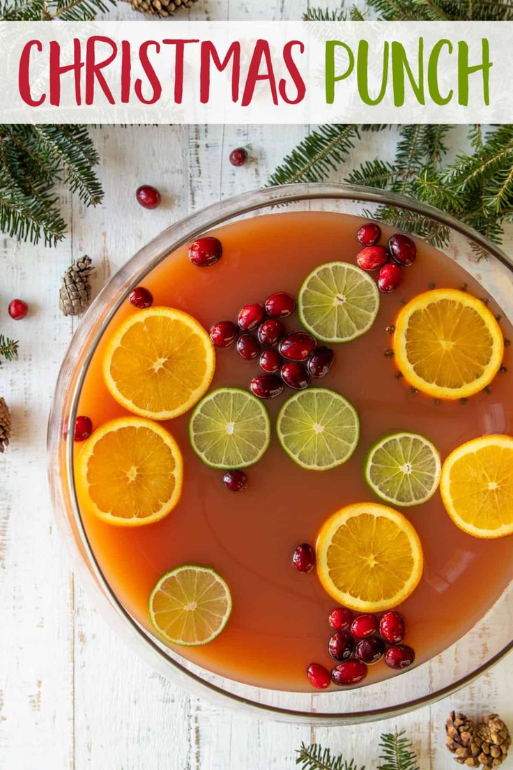 christmas punch with oranges, cranberries and pine cones