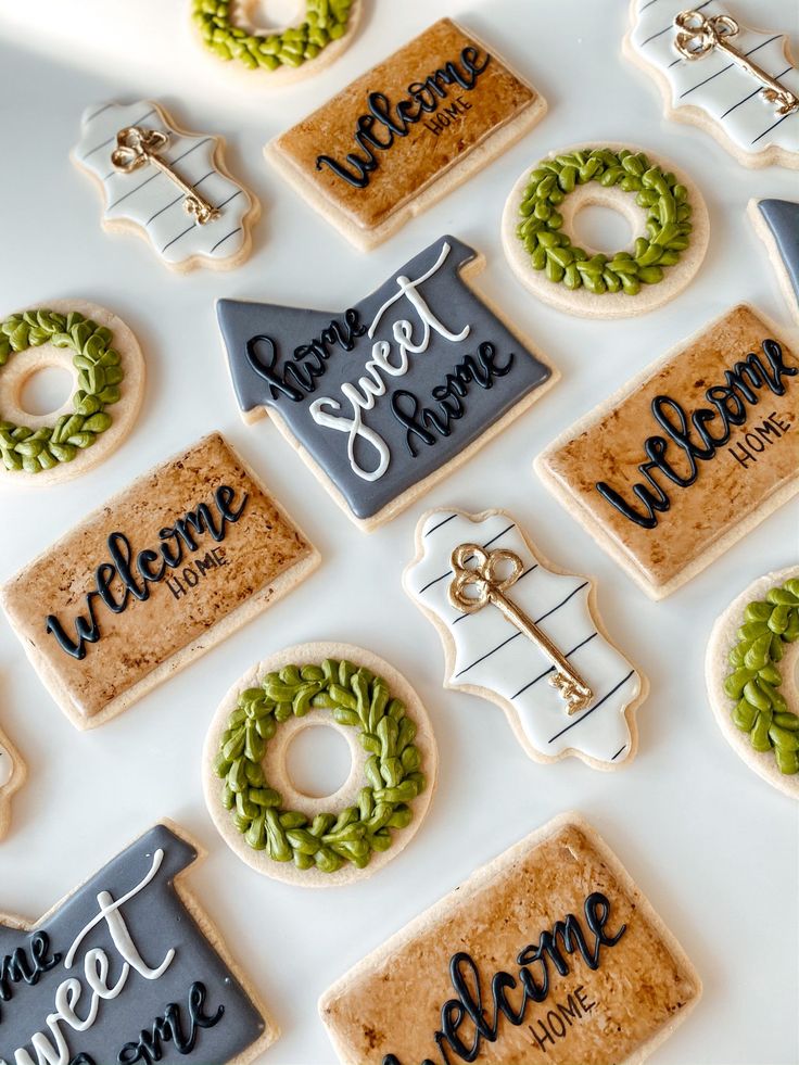 decorated cookies with welcome home signs and wreaths