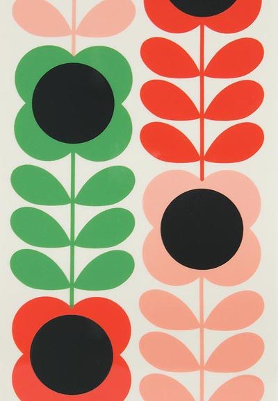 an abstract painting with red, green and black flowers