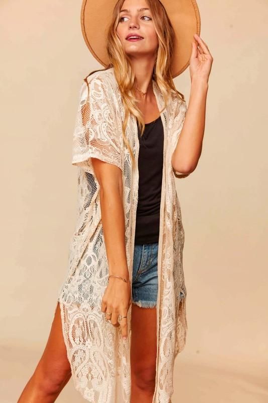 This darling Kimono features a beautiful crochet lace that's a must-have for any vacation or beach day. Wear it over your swimsuit or your go-to jeans and tank! 😆 Lace Kimono Outfit, Sewing Kimono, White Lace Kimono, Closet Redo, Bohemian Crochet, Kimono Outfit, Cardigan Design, Concert Fashion, Lace Kimono