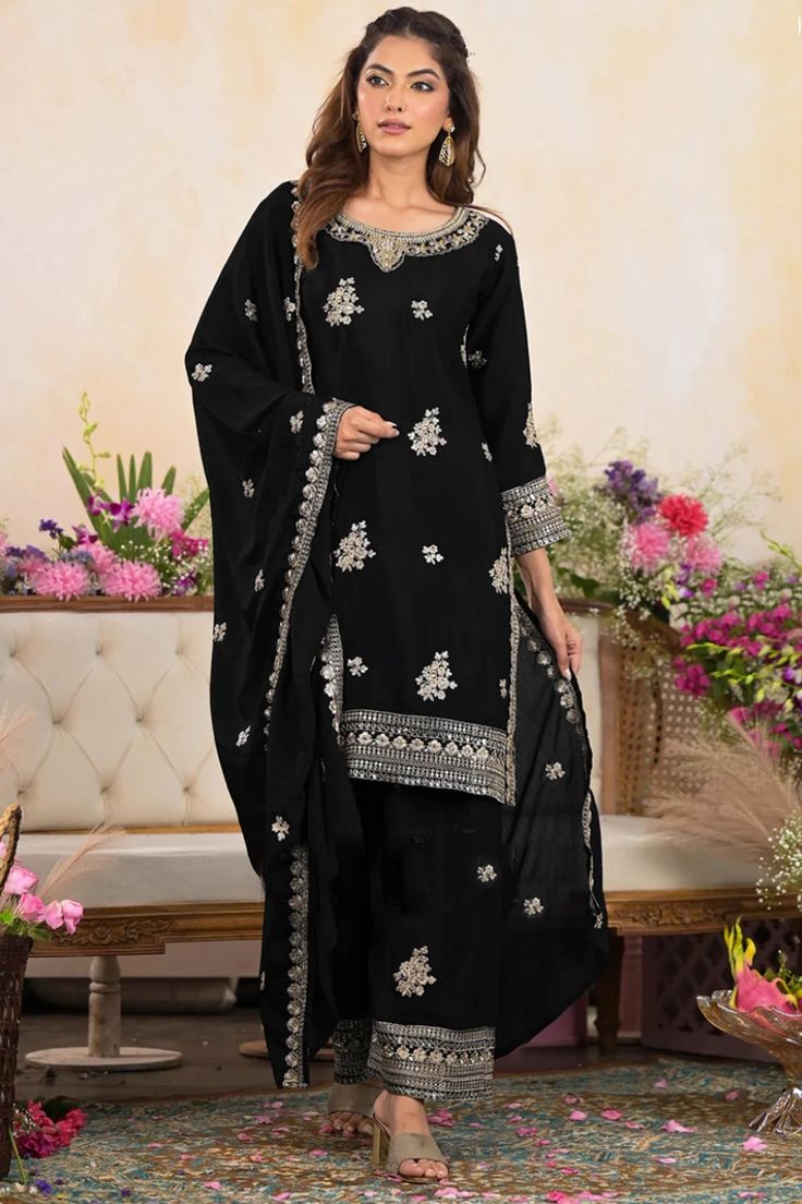 Black Chinon Embroidered Palazzo Style Suit at PinkPhulkari California Black Palazzo Set With Zari Work For Festivals, Diwali Black Palazzo Set With Zari Work, Black Palazzo Set With Zari Work For Diwali, Black Traditional Wear For Festive Ceremonies, Elegant Palazzo Set For Diwali Ceremonies, Elegant Palazzo Set For Diwali And Traditional Ceremonies, Elegant Palazzo Set For Eid And Traditional Ceremonies, Festive Black Traditional Wear For Ceremonies, Black Zari Work Palazzo Set For Festivals