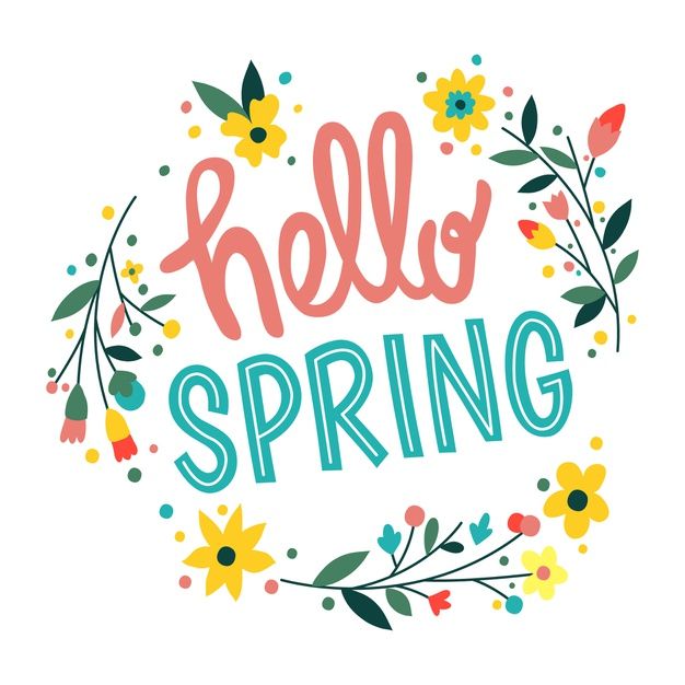 the words hello spring are surrounded by colorful flowers