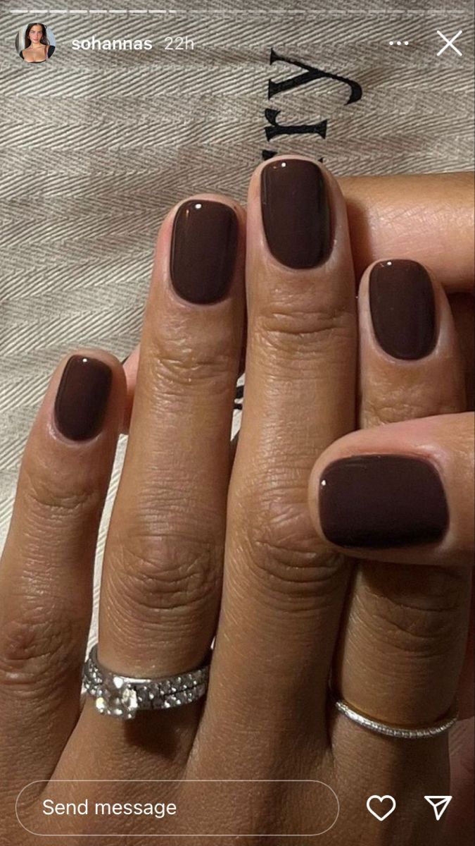 New Years Mani Pedi, Gel Nails Chocolate Brown, Short Acrylic Round Nails, Short Nails Sns Ideas, Short Dark Grey Nails, 2025 Short Nails, Semi Gel Nails, Pretty Plain Nails, Dark Short Square Nails