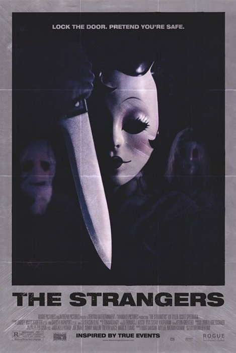 the strangers movie poster with an evil woman holding a knife in front of her face