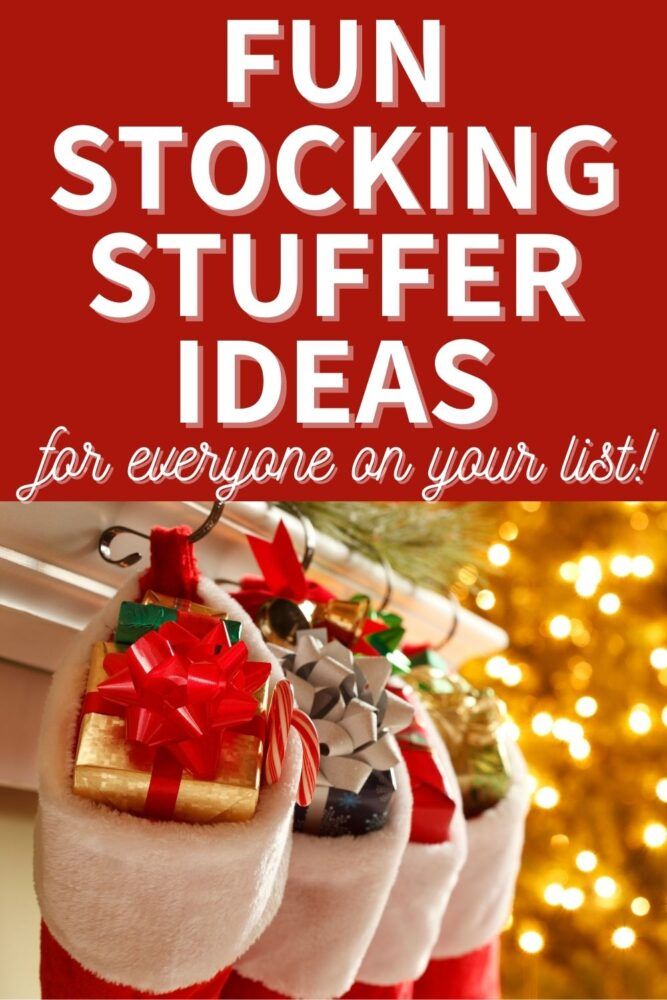 christmas stockings with presents hanging from them and the words fun stocking stuff ideas for everyone on your list