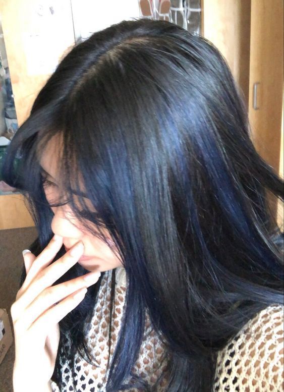 Black Hair Blue Highlights Long, Ashy Blue Highlights, Navy Dyed Hair, Brown Blue Hair Color, Navy Hair Highlights, Black Hair Blue Highlights Short, Blue Hair Black Highlights, Blue Hair Curtain Bangs, Dyed Hair On Black Hair