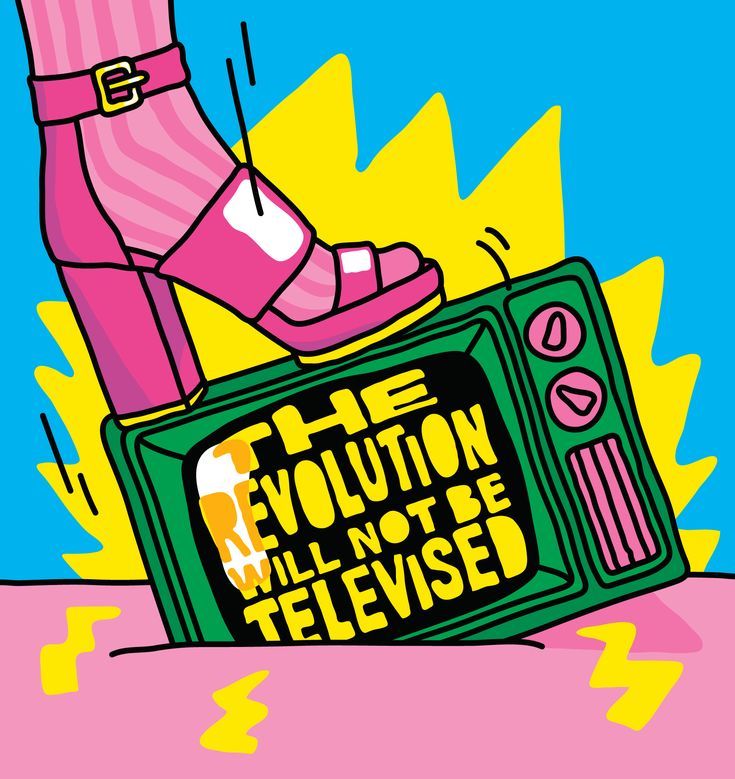 a pink boot is standing on top of a television with the words revolution television below it