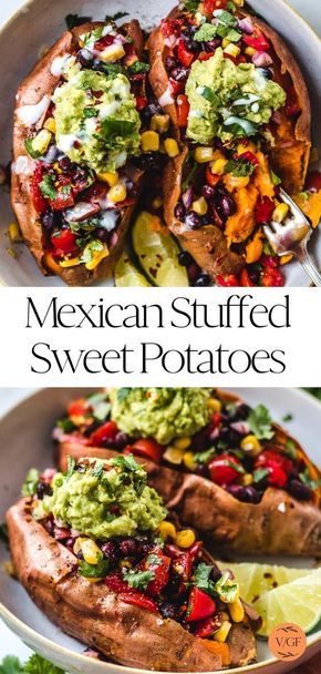 mexican stuffed sweet potatoes with guacamole and lime