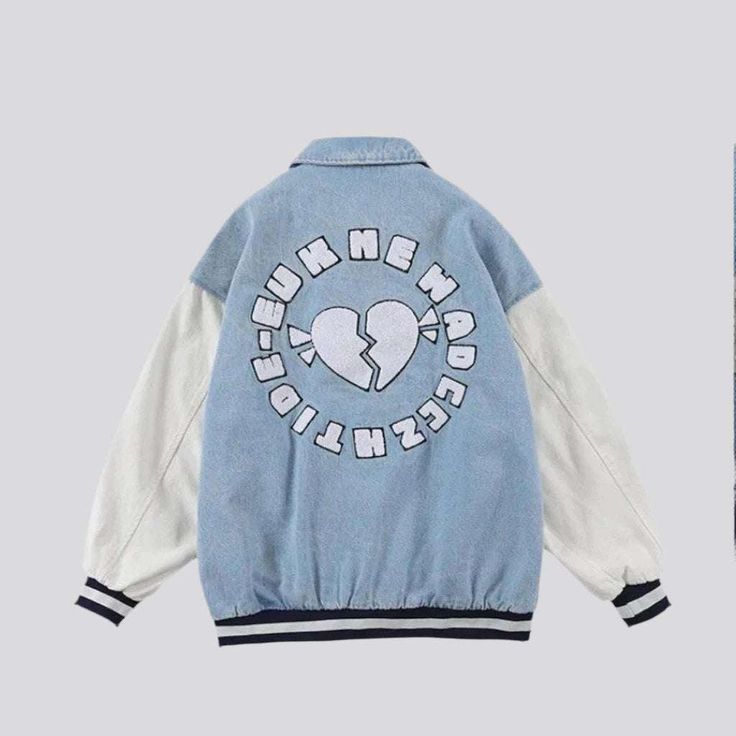 Elevate your edgy mode to the next level with our 2023 Spring-Summer Collection Broken Heart Embroidery Denim Jacket. This timelessly stylish piece features a classic bomber cut with beautiful embroidery and a buttoned front closure. Step out in confidence and make a bold statement no matter the occasion.Distinctive Features: Street Style: Look sharp and make a statement with this urban-style inspired piece. Bomber Silhouette: Take advantage of this timelessly fashionable style. perfect for any Crop Varsity Jacket, Jeans And Combat Boots, Embroidery Denim, Top Streetwear Brands, Streetwear Jackets, Urban Culture, Varsity Jackets, Heart Embroidery, Oversized Denim Jacket