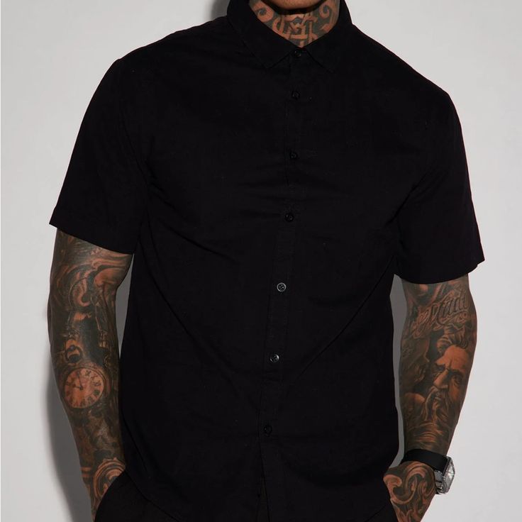 Mens Button Down Shirt Black Button-up Shirt For Streetwear, Black Cotton Button-up Short Sleeve Shirt, Black Shirt With Button Closure For Streetwear, Black Button Closure Shirt For Streetwear, Black Cotton Short Sleeve Shirt With Buttons, Black Button-up Shirt For Business Casual, Fashion Nova Shirts, Mens Shirt Color, Red Flannel Shirt