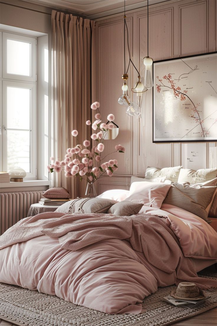 a bed with pink comforter and pillows in a bedroom next to a large window