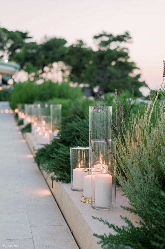 candles are lined up along the edge of a long row of plants and bushes in glass vases