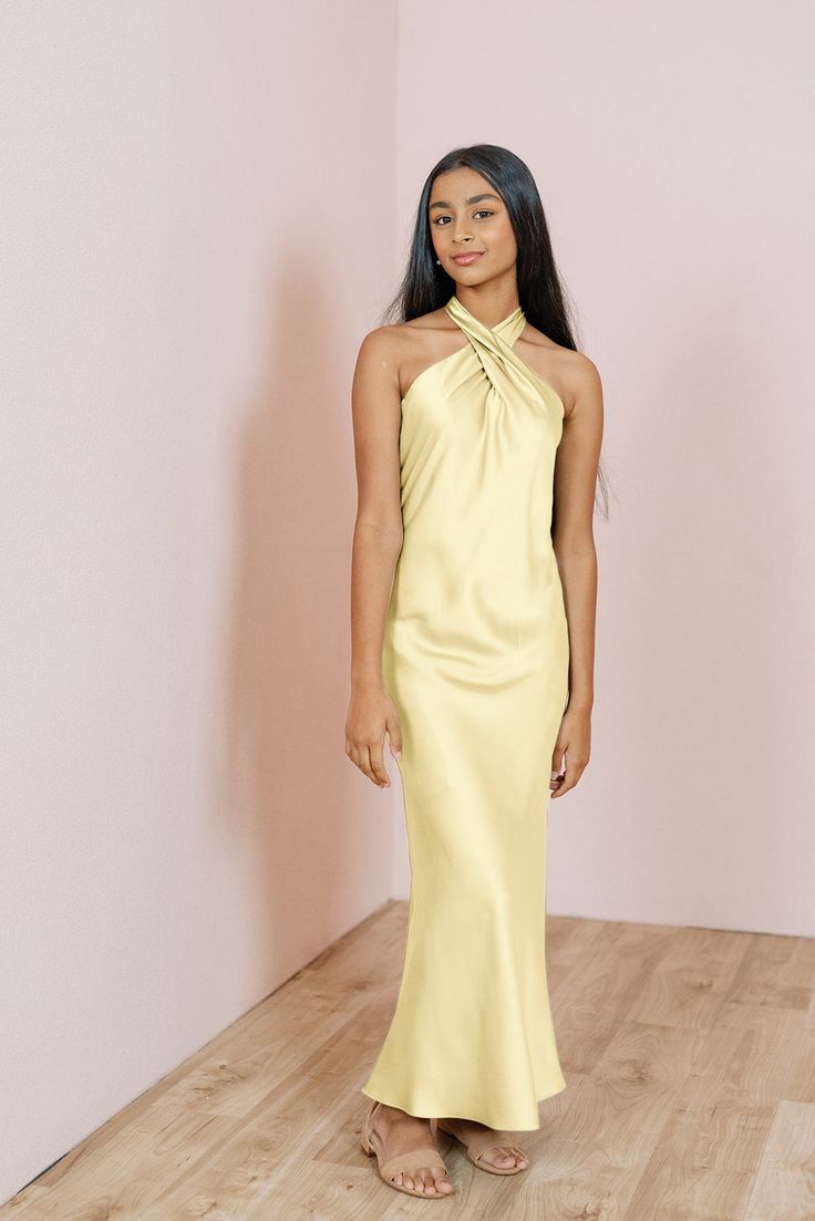 Model: Nishi; Size: J12 Light Yellow Bridesmaid Dresses, Jr Bridesmaid Dresses, Hoco Inspo, Silk Bridesmaid Dresses, Wedding Parties Colors, Yellow Bridesmaid Dresses, Bridesmaid Dress Colors, Junior Bridesmaid Dresses, Junior Bridesmaid