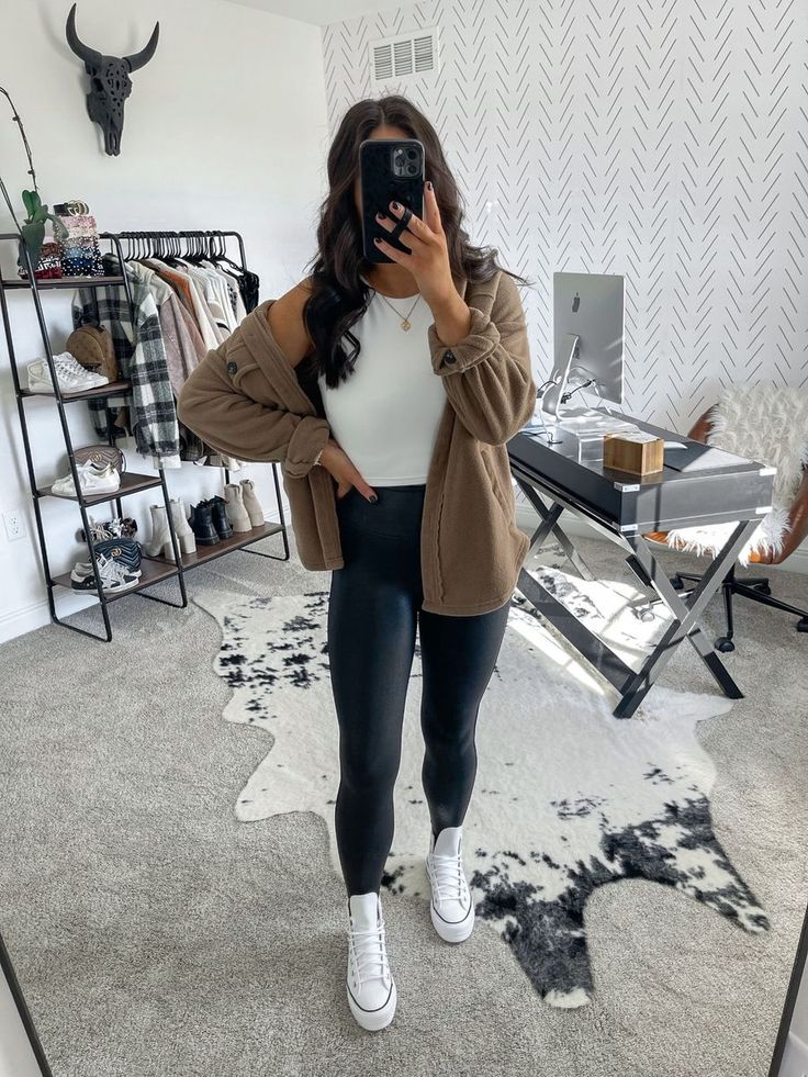 White Casual Outfits For Women, Fleece Shacket Outfit, High Neck Tank Top Outfit, Oversized Shacket Outfit, Neck Tank Top Outfit, White High Top Converse Outfit, Outfits With High Tops, Converse Outfit Fall, High Tops Outfit