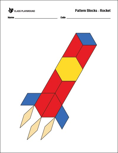 the pattern blocks rocket is shown in red, yellow and blue