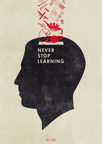 a man's head with the words never stop learning above his head and symbols coming out of it