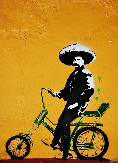 a painting of a man riding a bike with a large hat on it's head