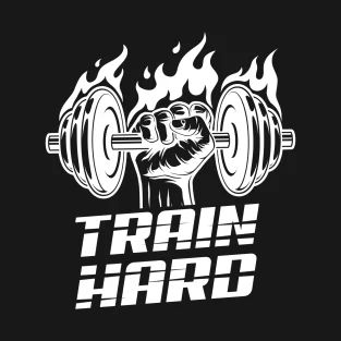 a hand holding a barbell with the words train hard in white on a black background