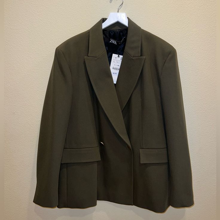 Nwt Never Worn Oversized Fit Dark Khaki Green Oversized Blazer For Workwear, Olive Winter Workwear Blazer, Classic Olive Blazer For Fall, Olive Blazer For Winter Workwear, Zara Oversized Office Blazer, Olive Blazer For Fall Workwear, Zara Green Office Outerwear, Oversized Zara Blazer For Fall, Zara Oversized Blazer For Fall