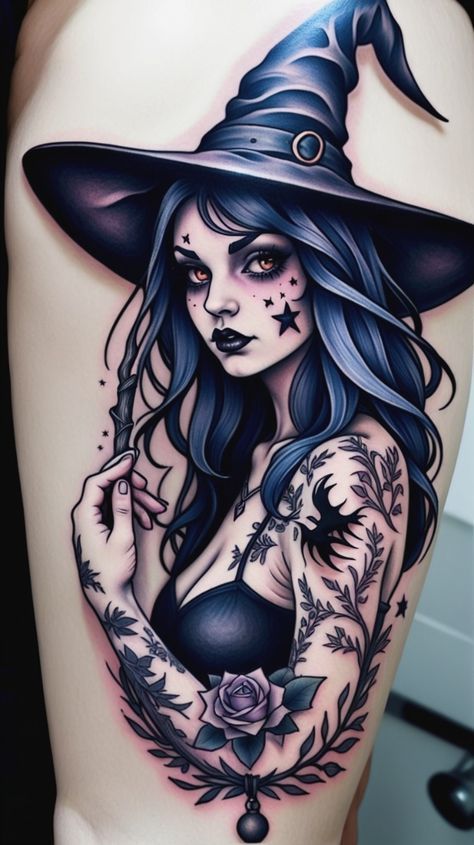 Gothic Witch Tattoo Designs, Eerie Tattoos, Witch Tattoo Ideas, Halloween Flash Tattoo, Witch Tattoos, Witchy Tattoos, Magical Aesthetic, Mystical Elements, Halloween Flash