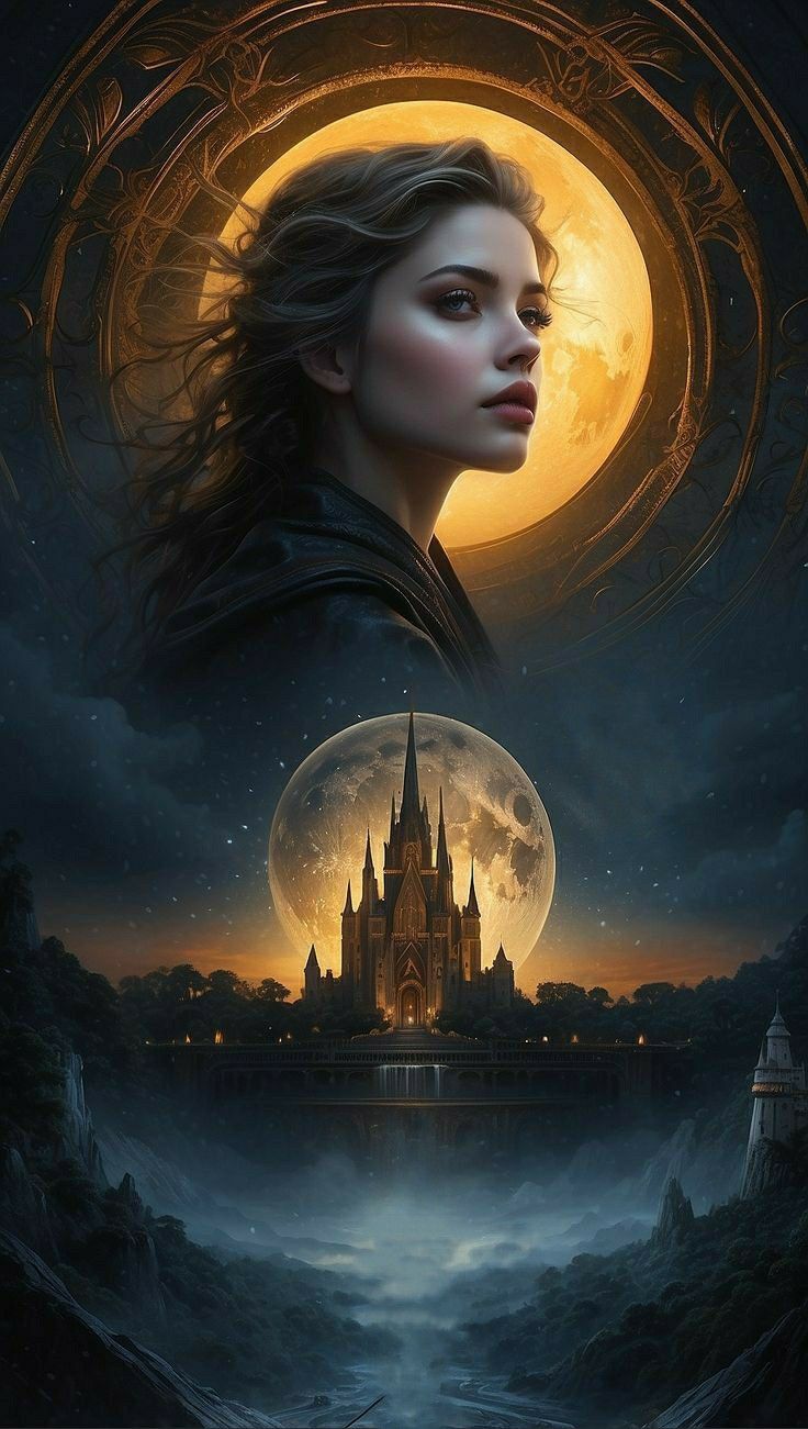 a woman with long hair standing in front of a full moon and castle on the water