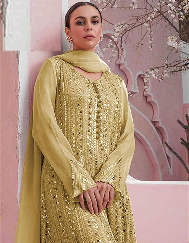 Yellow Sharara style Suit Faux Georgette Salwar Kameez in Embroidery, Sequins & Lace Work – Arabic attire Sharara Style, Yellow Sharara, Green Sharara, Designer Embroidery, Kameez Designs, Pakistani Suit, Georgette Dupatta, Suit Collection, Georgette Tops