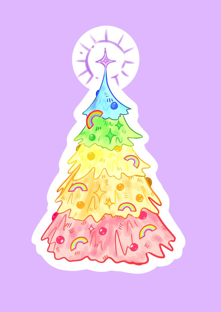 a drawing of a colorful christmas tree on a purple background