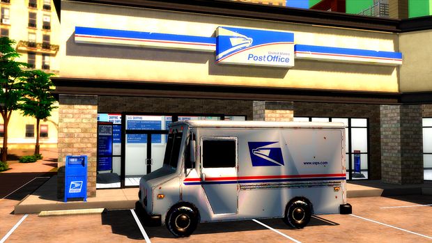 the postal truck is parked in front of the post office