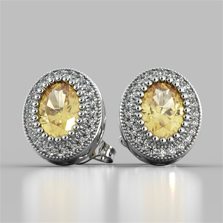 Capture her attention with this divine set of earrings. A double tier pave style halo of simulated diamonds surrounds our vivid center stones set within a secure 4-prong setting. The perfect to take her breath away. Oval Cut Milgrain Halo Earrings Center Stone: 1CT Each Total Carat Weight: 2.36CTW Stone Clarity: VVS-1 Available in: 14K White Gold Model: ER-2506 Halo Earrings, Gold Models, Halo Pendant, Diamond Simulant, Metal Earrings, Selling Jewelry, Moissanite Diamonds, Lab Diamonds, Stone Settings