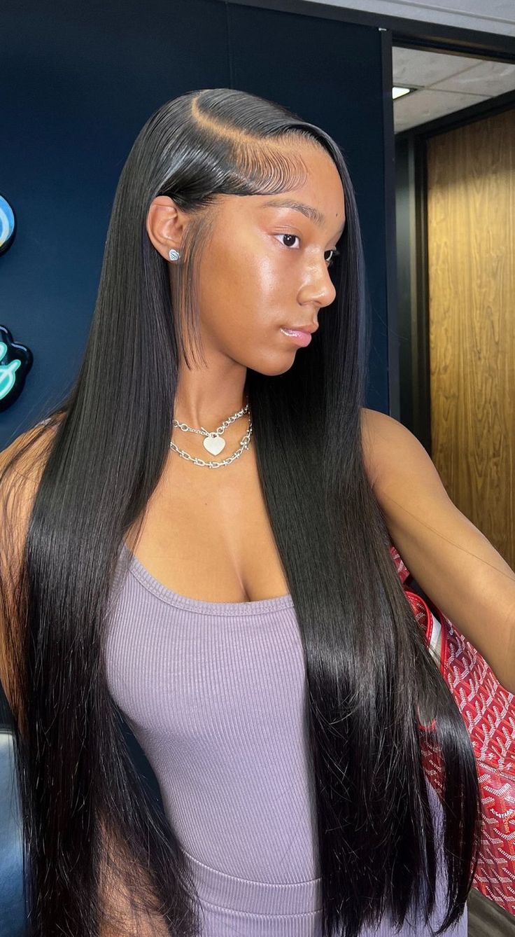 Straight Deep Side Part Wig, 34 Inch Side Part Wig, Edges Hairstyles Wigs, Side Part With Layers Straight Hair, Side Part Wig Straight Hair, Straight Wig Layers, Straight Wig Install Hairstyles, Side Part Straight Wig With Layers, Layered Wig Side Part