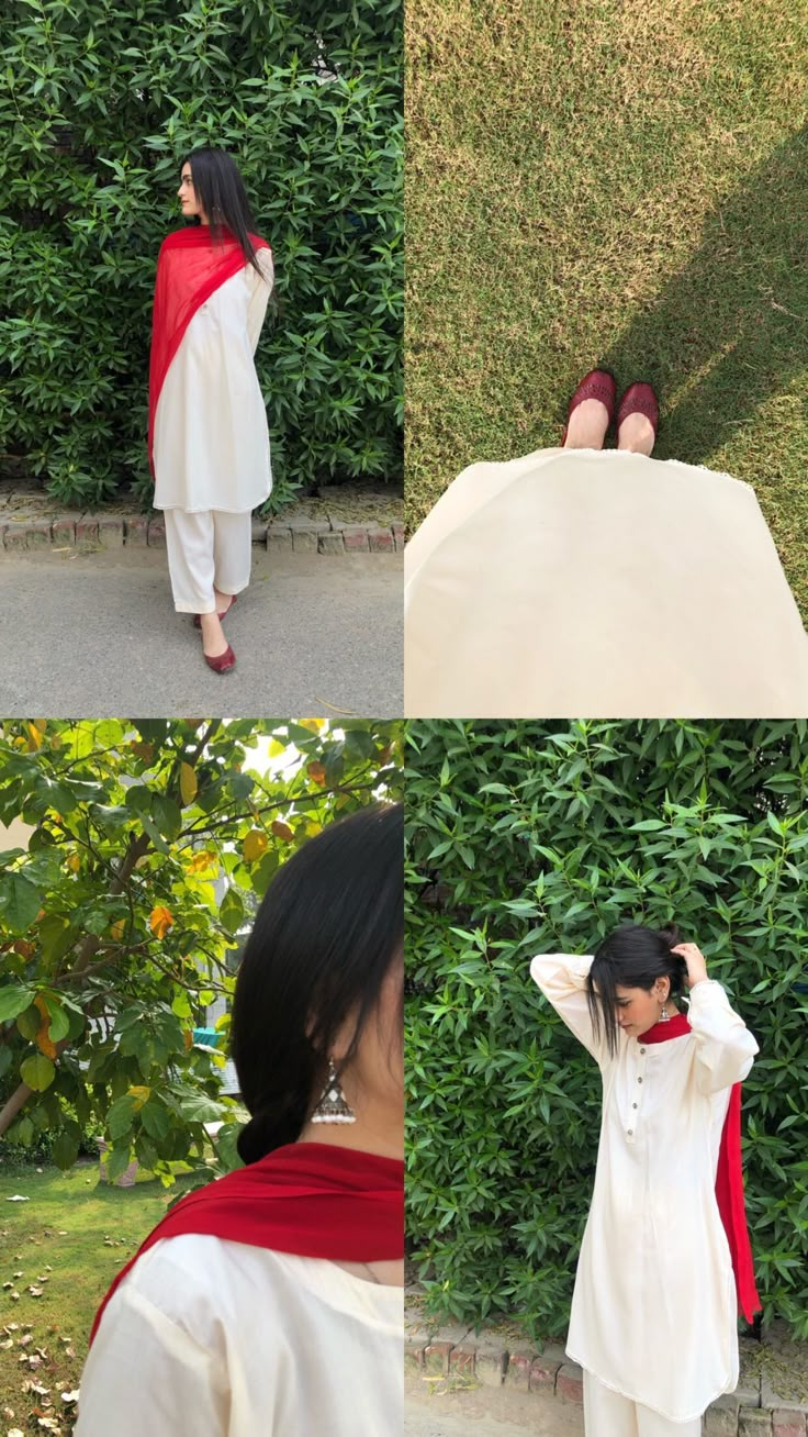 a woman in white and red is standing next to some bushes, with her hands on her head