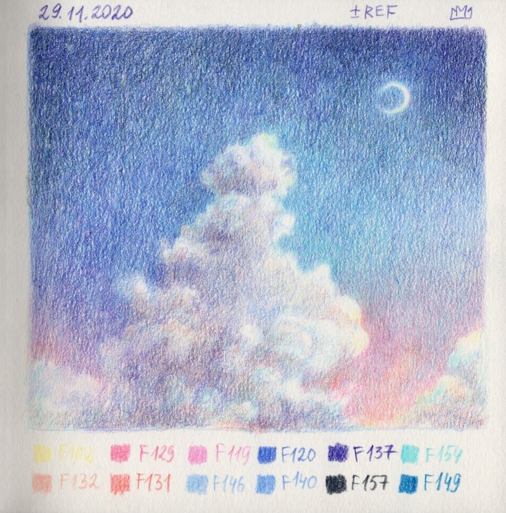 a drawing of clouds in the sky with a half moon