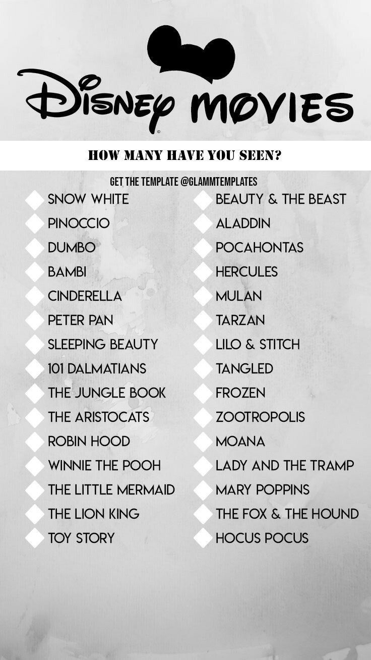 the disney movies list is shown in black and white