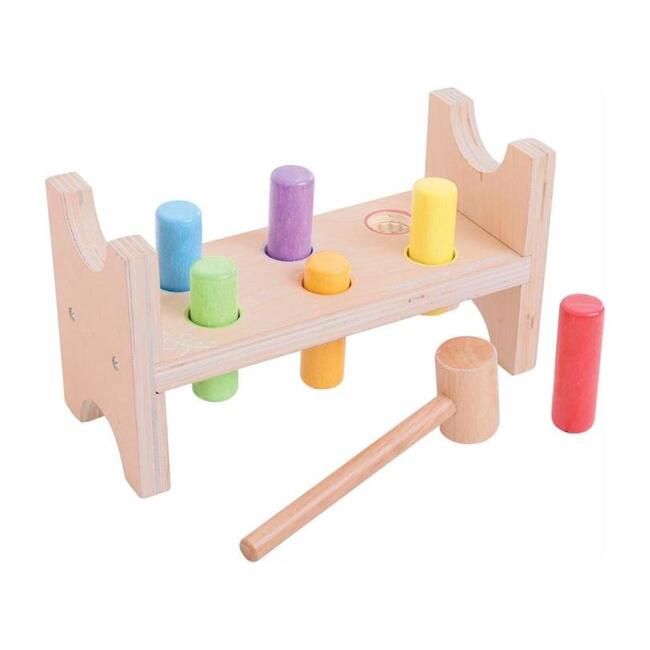 a wooden toy with different colored toys on it